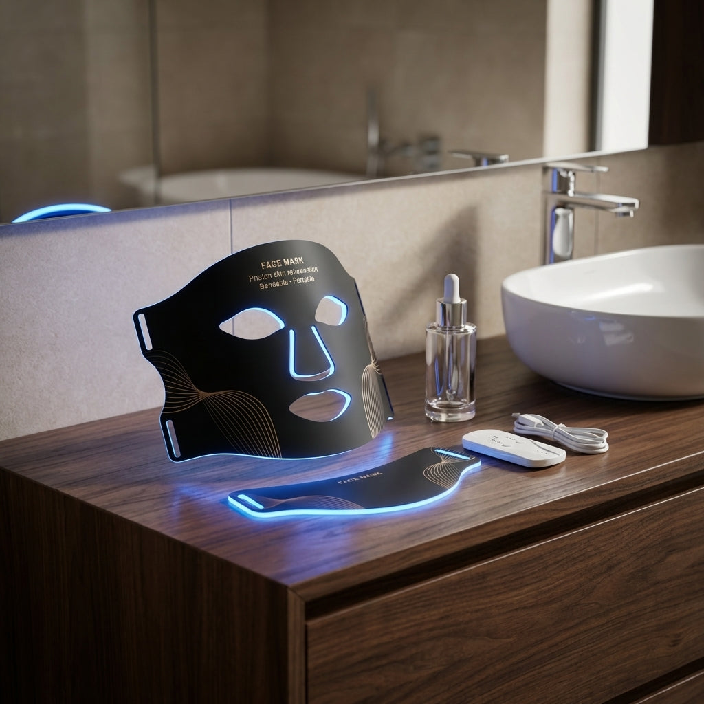 Facial mask device on a bathroom counter with a sink and mirror in the background