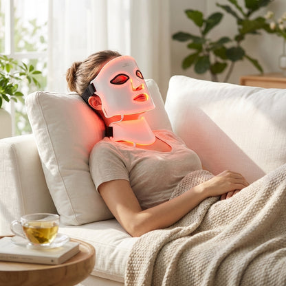 Person lying on a couch wearing a red light therapy mask in a bright room.