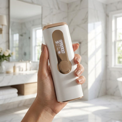 Hand holding a white electronic device with digital display in a bright bathroom.