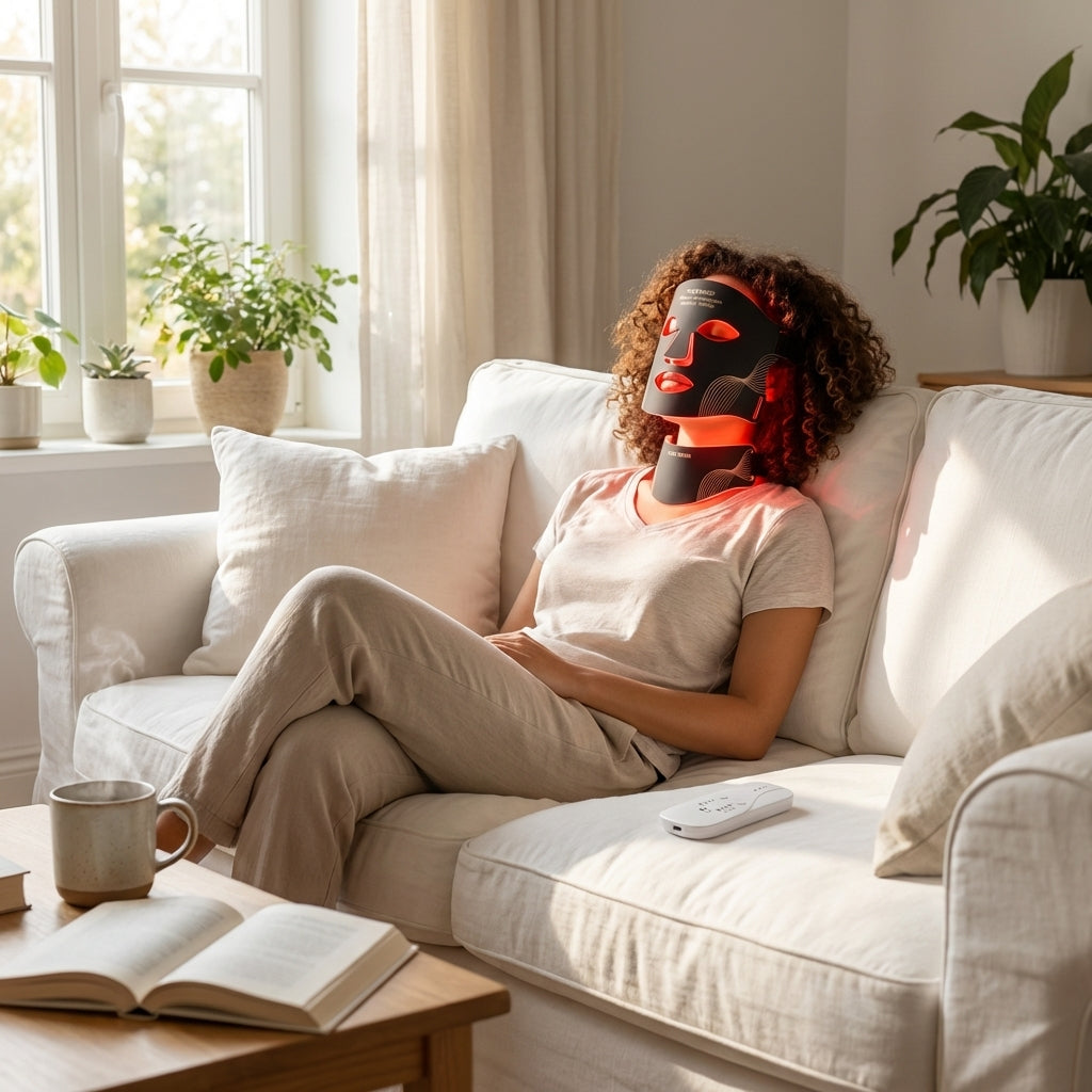Person sitting on a couch wearing a black LED Therapy face mask with red lights, in a bright living room.