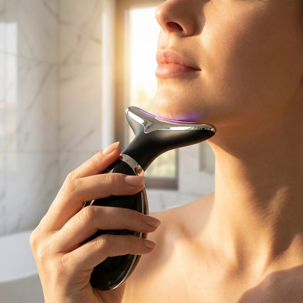 Person using a facial cleansing brush with a blurred background