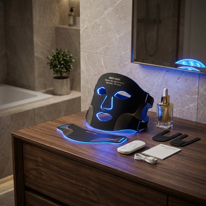Facial mask device on a wooden surface in a bathroom setting