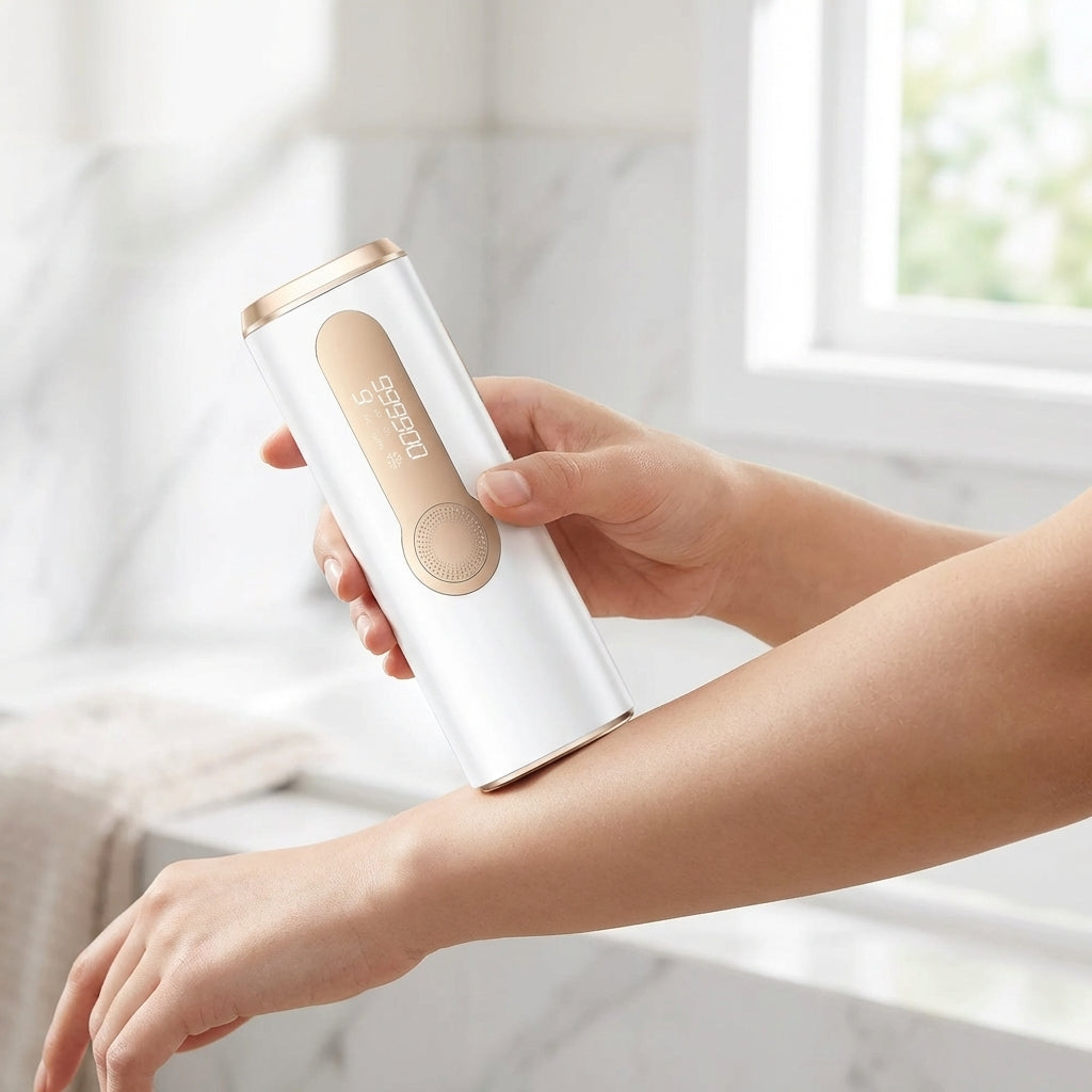 Hand holding a white and gold hair removal device against skin in a bright room.