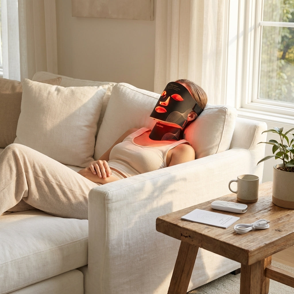 Person wearing a red light face mask on a couch in a bright room