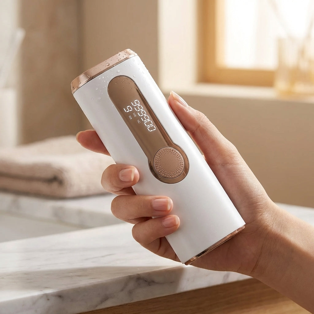 Hand holding a white and rose gold electronic device on a marble surface