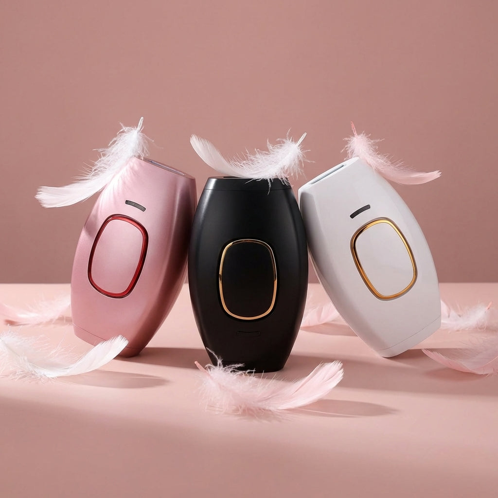 Three electronic devices with feather accents on a pink background