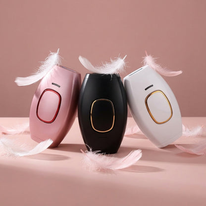 Three electronic devices with feather accents on a pink background