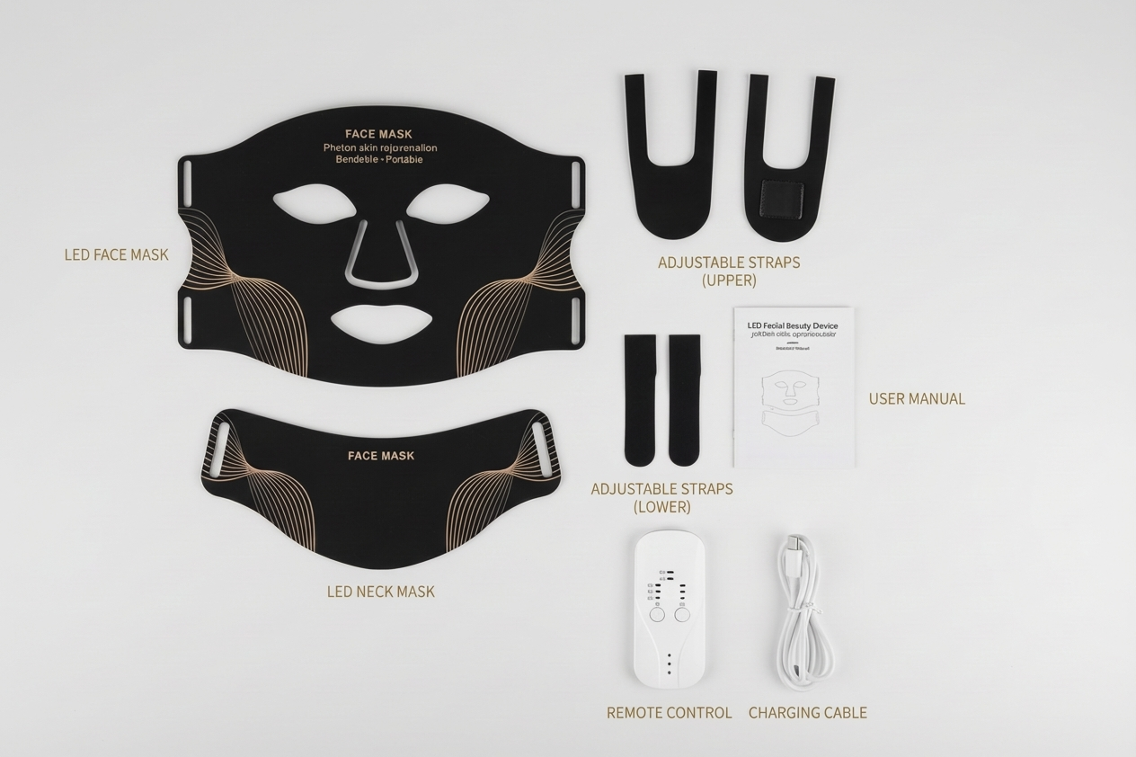 LED face and neck mask set with components on a white background