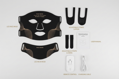 LED face and neck mask set with components on a white background