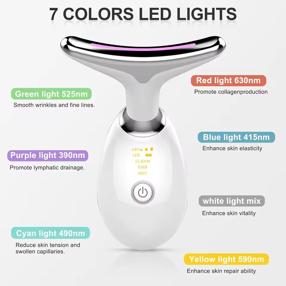 Facial device with LED lights and color descriptions on a white background