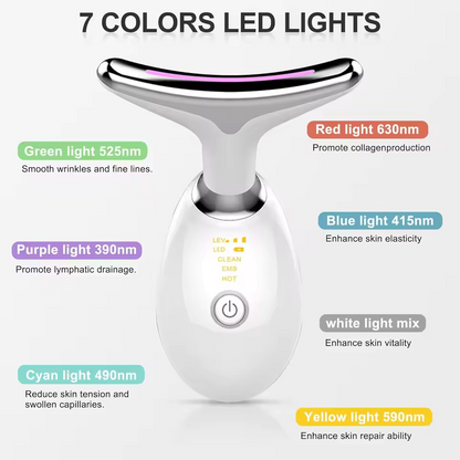 Facial device with LED lights and color descriptions on a white background