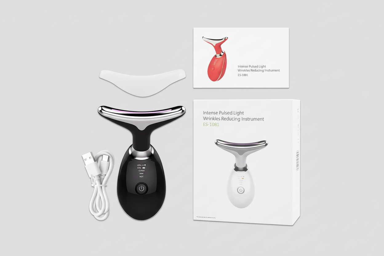 Black skincare device with packaging and accessories on a white background