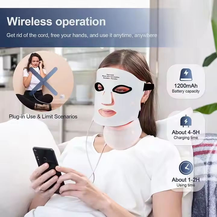 Woman using a facial mask with wireless operation features displayed on the screen.