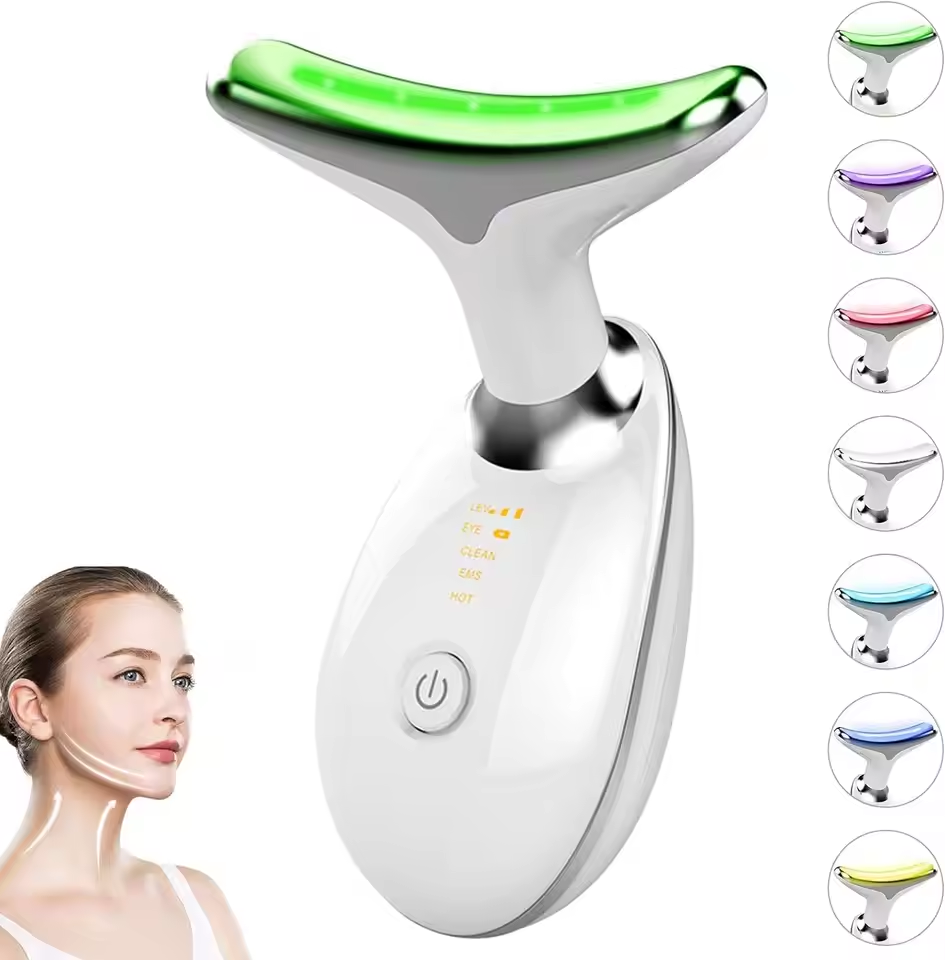 Beauty device with green light on a white background, surrounded by color options.